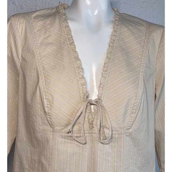 BCBG MaxAzria Womens Blouse Top Tan Stripes Ruffle Sleeve Edge Shirt Size 10 - Picture 7 of 13